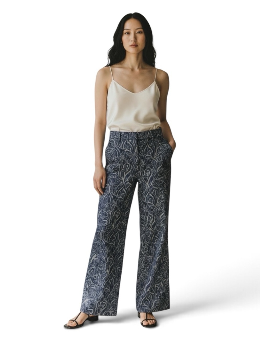J McLaughlin Denim Leaf Lover Print Cotton Navy & White Wide-Leg Trousers, 8